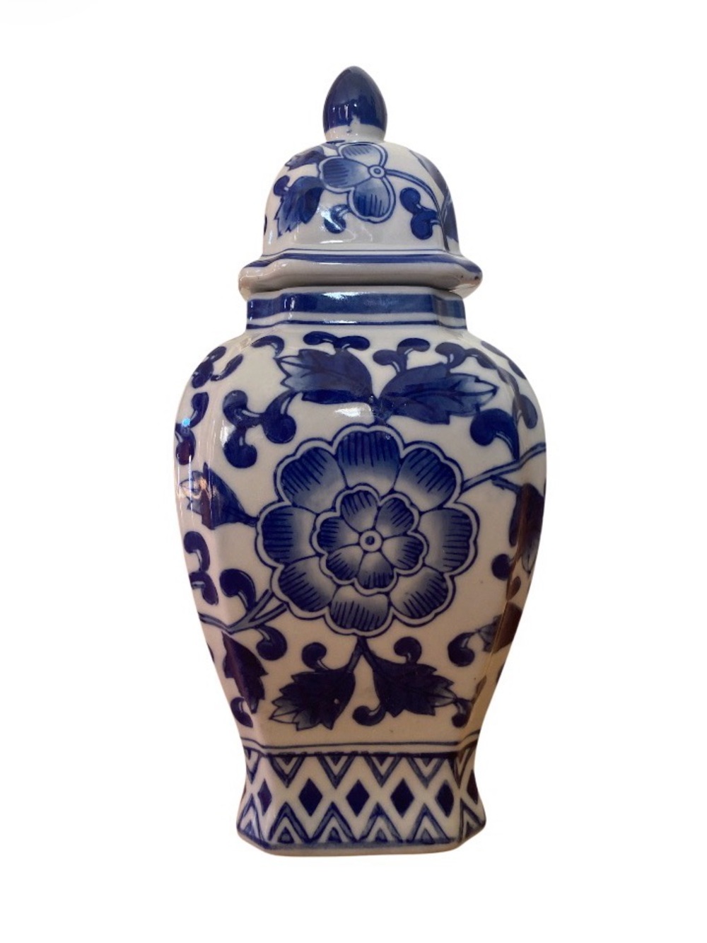 Vintage Chinoiserie Blue White Ceramic Ginger Jar 10.7” Tall